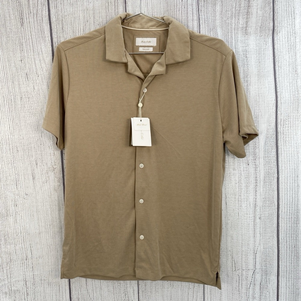 Porter & Ash Shirt Mens SMALL Beige Tan Button Down Soft Modal Blend Summer